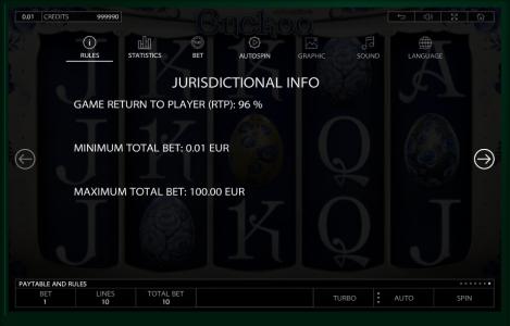 Cuckoo Slot Machine Jurisdictional Info Screen
