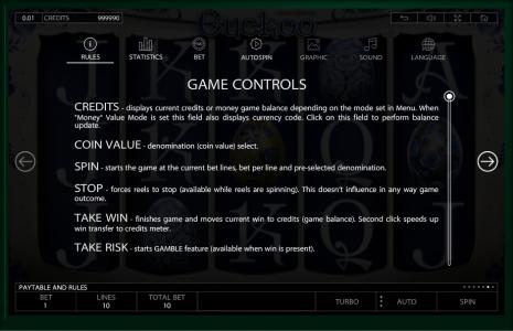 Cuckoo Slot Machine Game Controls Screen