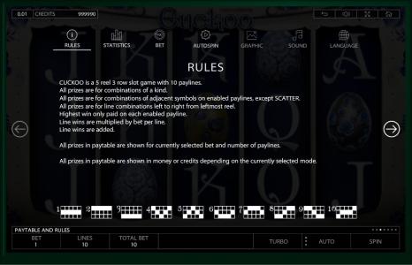 Cuckoo Slot Machine Paylines Screen