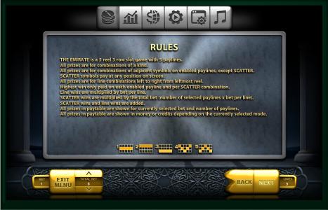 The Emirate Slot Machine Paylines Screen