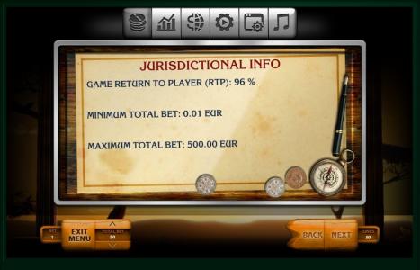 Safari Slot Machine Jurisdictional Information Screen