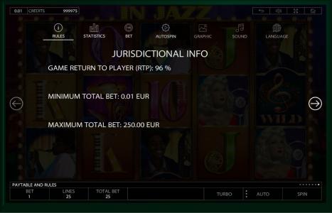 In Jazz Slot Machine Jurisdictional Information Screen