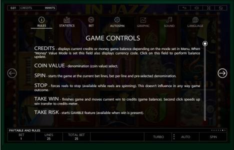 In Jazz Slot Machine Game Controls Screen