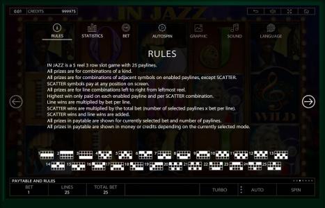 In Jazz Slot Machine Paylines Screen