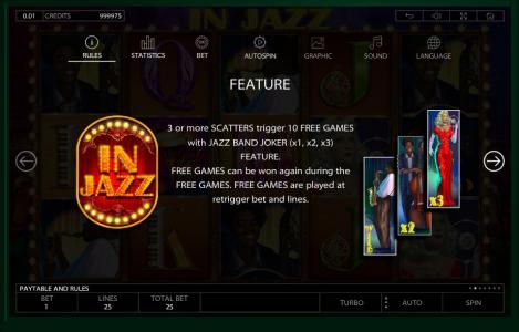 In Jazz Slot Machine Scatter Awards and Wild Symbol Screen