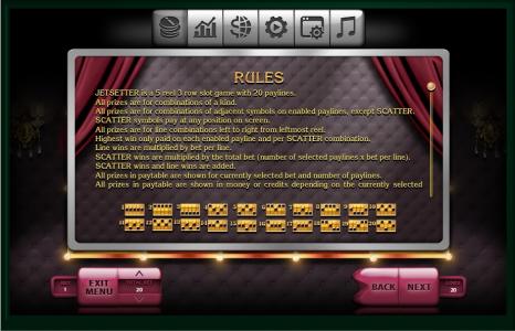 Jetsetter Slot Machine Paylines Screen