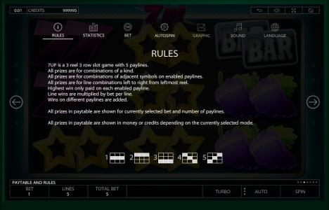 7Up! Slot Machine Paylines Screen