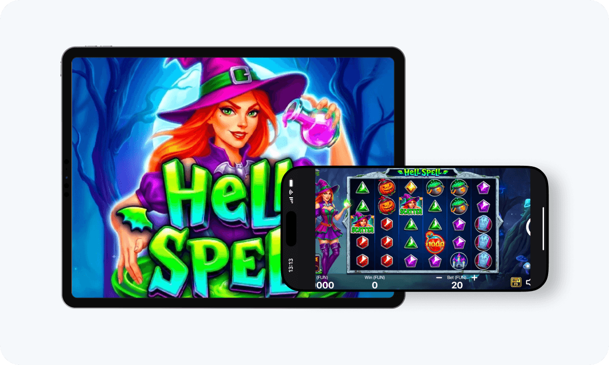 Hell Spell slot Hell Spell slot interface and logo on tablet and smartphone
