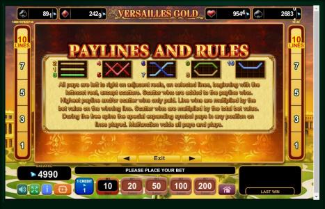 Versailles Gold Slot Machine Paylines Screen