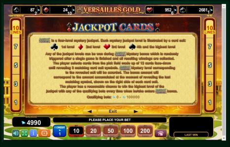 Versailles Gold Slot Machine - Jackpot Cards Information Screen