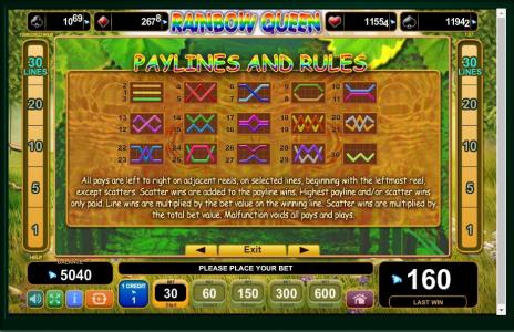 Rainbow Queen Slot Machine Paylines Screen