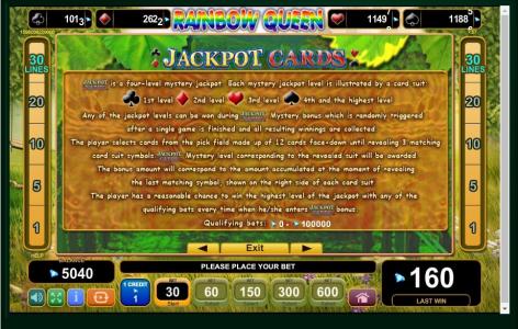 Rainbow Queen Slot Machine Jackpot Cards Information Screen
