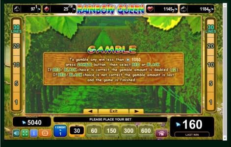 Rainbow Queen Slot Machine Gamble Information Screen