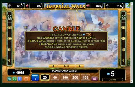 Imperial Wars Slot Machine Gamble Information Screen