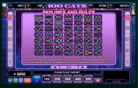 100 Cats Slot Machine Paylines Screen