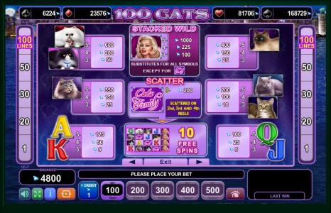 100 Cats Slot Machine Paytable Screen