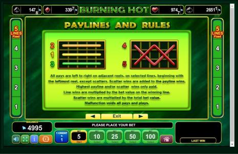 Burning Hot Slot Machine Paylines Screen