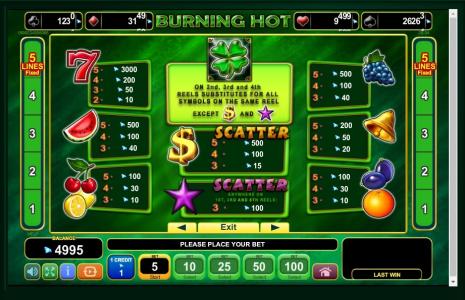 Burning Hot Slot Machine Paytable Screen