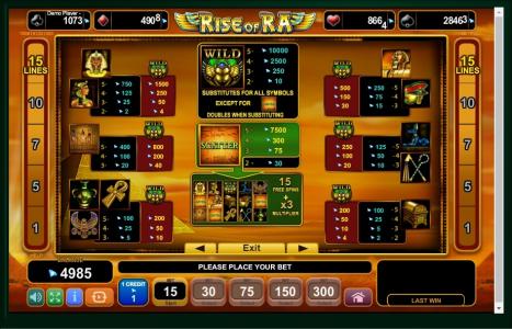 Rise Of Ra Slot Machine Paytable Screen