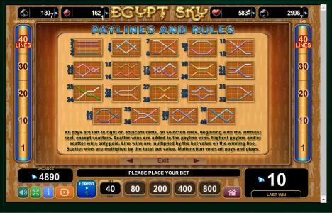 Egypt Sky Slot Machine Paylines Screen
