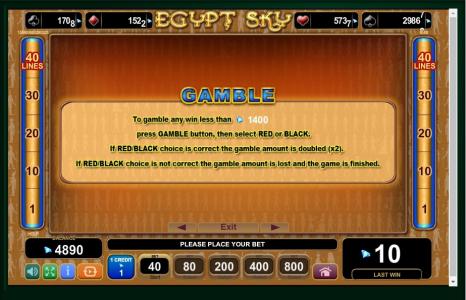 Egypt Sky Slot Machine Gamble Information Screen