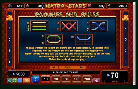 Extra Stars Slot Machine Paylines Screen