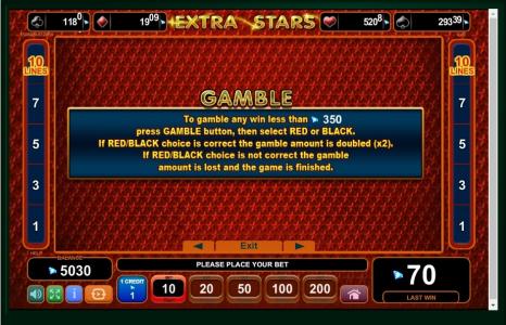 Extra Stars Slot Machine Gamble Information Screen