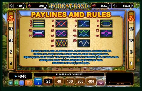 Forest Band Slot Machine Paylines Screen