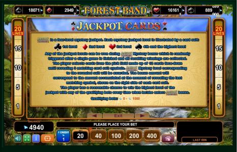 Forest Band Slot Machine Jackpot Cards Information Screen