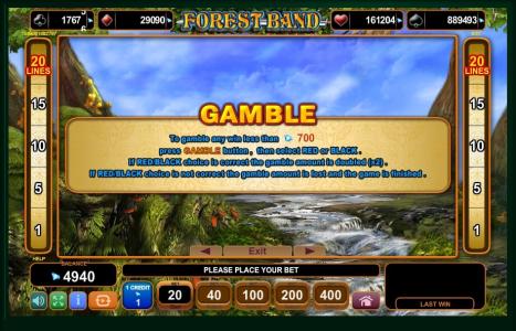 Forest Band Slot Machine Gamble Information Screen