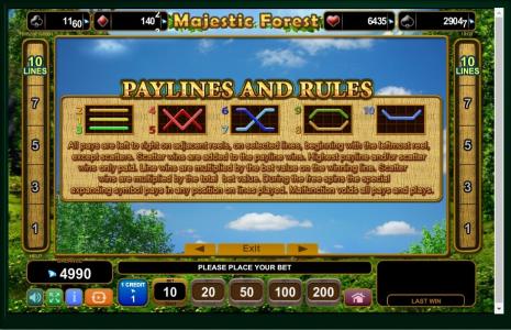 Majestic Forest Slot Machine Paylines Screen
