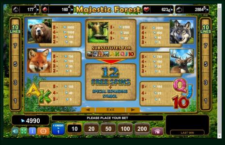 Majestic Forest Slot Machine Paytable Screen