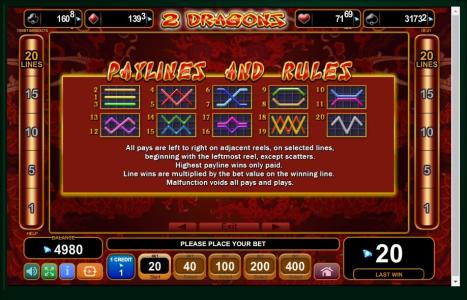 2 Dragons Slot Machine Paylines Screen
