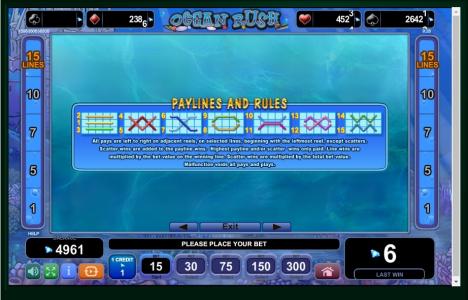 Ocean Rush Slot Machine Paylines Screen