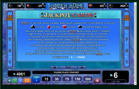 Ocean Rush Slot Machine Jackpot Cards Information Screen