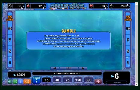 Ocean Rush Slot Machine Gamble Information Screen