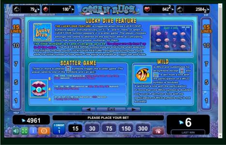 Ocean Rush Slot Machine Scatter Awards and Wild Symbol Screen