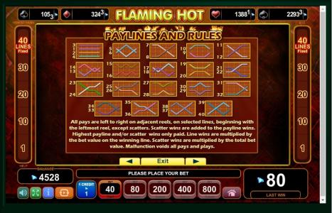 Flaming Hot Slot Machine Paylines Screen