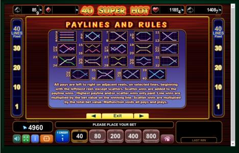 40 Super Hot Slot Machine Paylines Screen