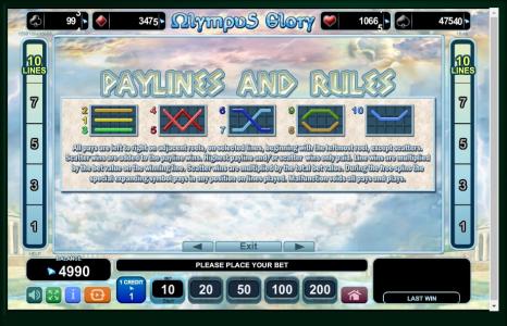 Olympus Glory Slot Machine Paylines Screen