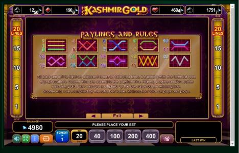 Kashmir Gold Slot Machine - Paylines Screen