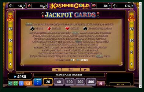 Kashmir Gold Slot Machine Jackpot Cards Information Screen