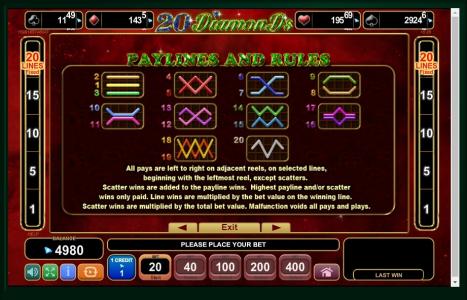 20 Diamonds Slot Machine Paylines Screen