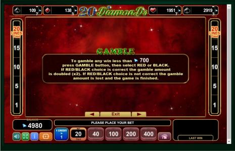 20 Diamonds Slot Machine Gamble Information Screen