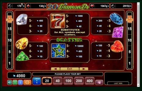 20 Diamonds Slot Machine Paytable Screen