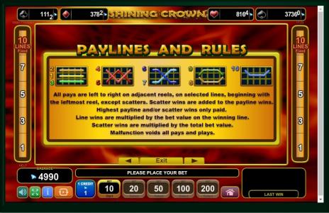 Shining Crown Slot Machine Paylines Screen