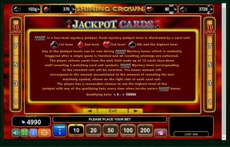 Shining Crown Slot Machine Jackpot Cards Information Screen