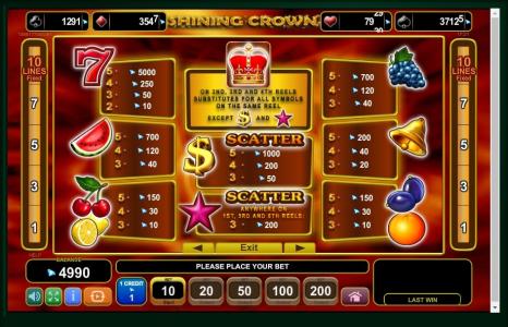 Shining Crown Slot Machine Paytable Screen