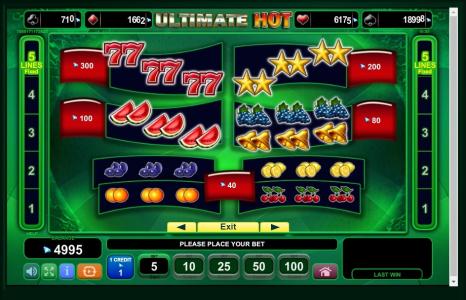 Ultimate Hot Slot Machine Paytable Screen
