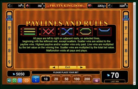 Fruits Kingdom Slot Machine Paylines Screen